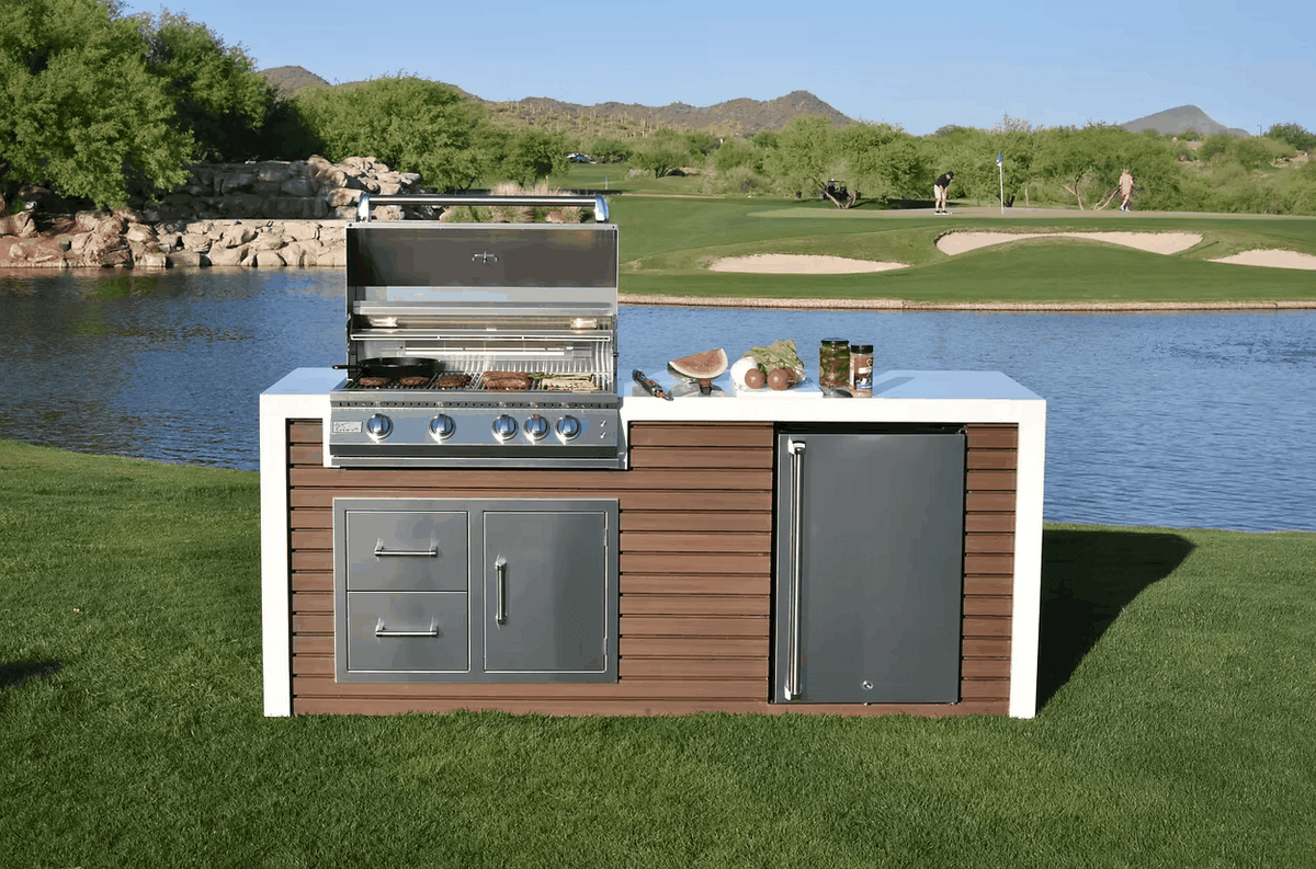Kokomo Shiplap Outdoor Kitchen Island – 7’6" with 4-Burner Grill, Waterfall Edge, Fridge & Porcelain Countertop | LP or NG