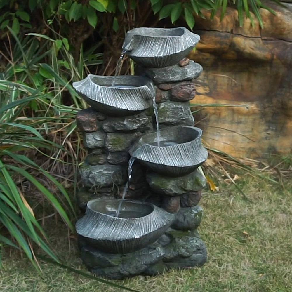 31.5 In. Tall Outdoor Stone Water Fountain, 4-Tier Polyresin Cascading Rock Bowl Freestanding Fountain with Light