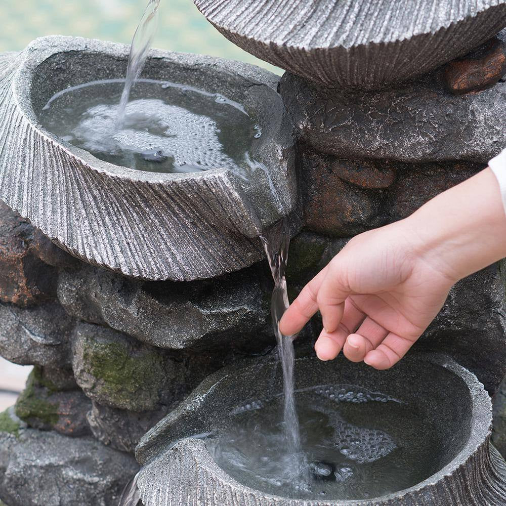 31.5 In. Tall Outdoor Stone Water Fountain, 4-Tier Polyresin Cascading Rock Bowl Freestanding Fountain with Light
