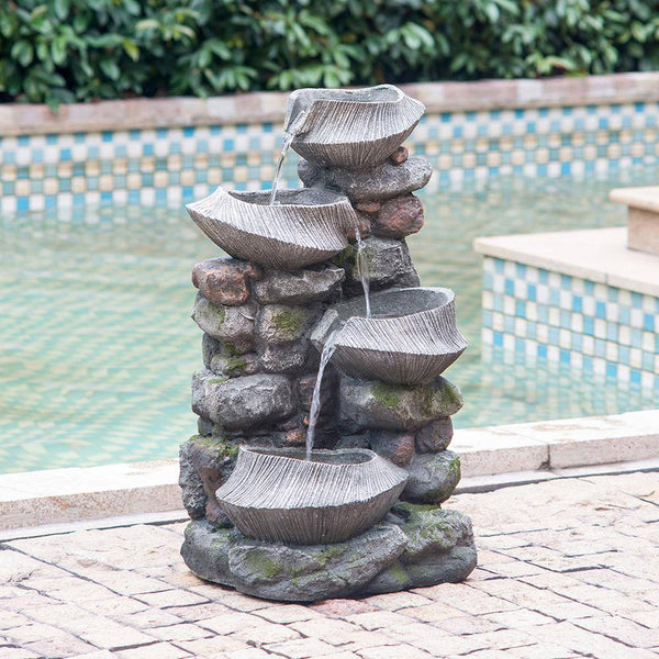 31.5 In. Tall Outdoor Stone Water Fountain, 4-Tier Polyresin Cascading Rock Bowl Freestanding Fountain with Light