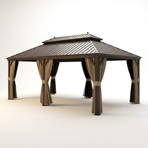 14 Ft. X 20 Ft. Double Galvanized Steel Roof Aluminum Frame Outdoor Patio Hardtop Gazebo with Netting and Curtains — Studio Shot