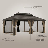 14 Ft. X 20 Ft. Double Galvanized Steel Roof Aluminum Frame Outdoor Patio Hardtop Gazebo with Netting and Curtains — infographic