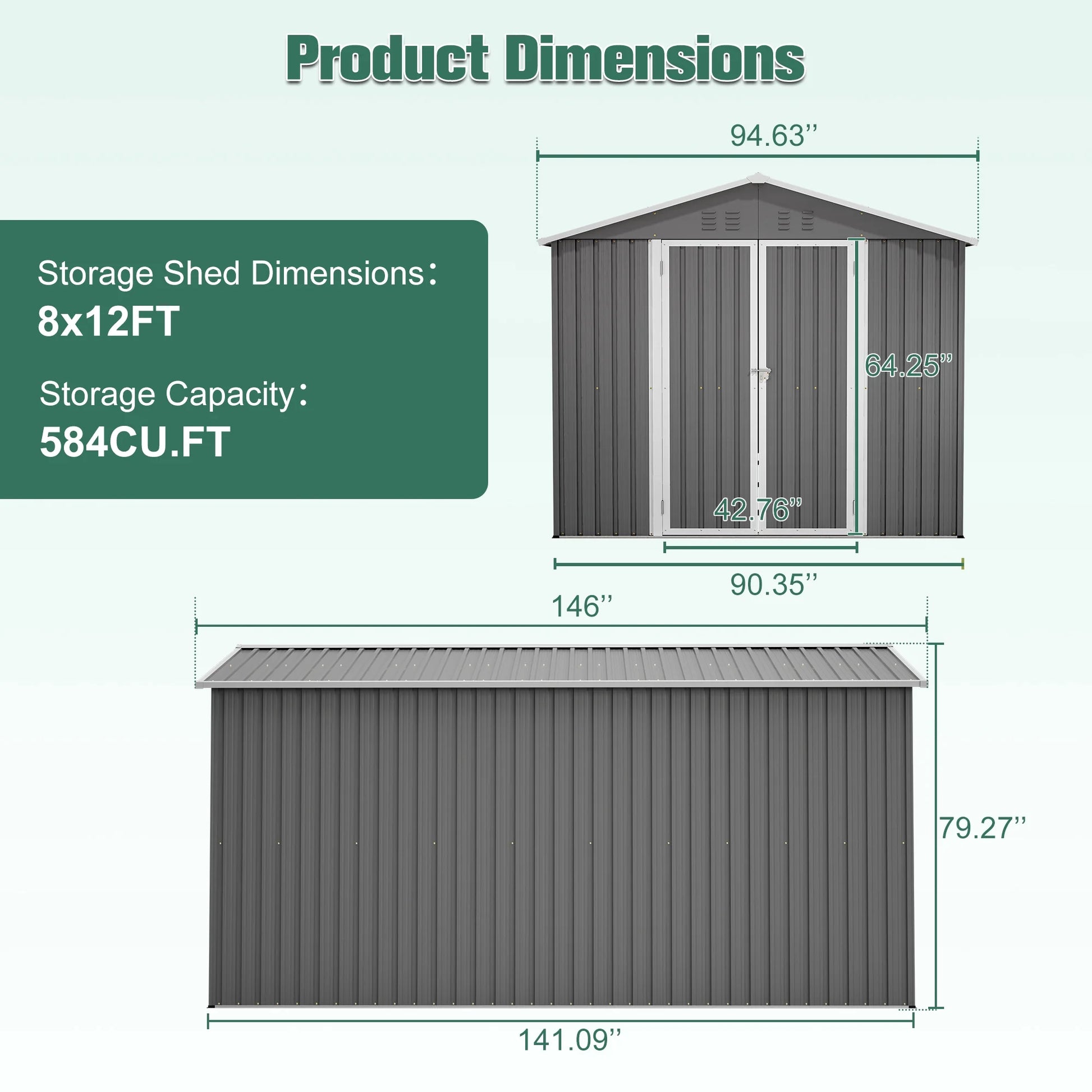 8'X12' Outdoor Metal Storage Shed with Floor Frame, Galvanized Steel Garden Shed, Metal Garden Tool Shed with Double Lockable Doors for Backyard Patio Lawn, Gray