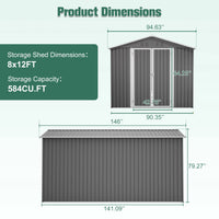 8'X12' Outdoor Metal Storage Shed with Floor Frame, Galvanized Steel Garden Shed, Metal Garden Tool Shed with Double Lockable Doors for Backyard Patio Lawn, Gray