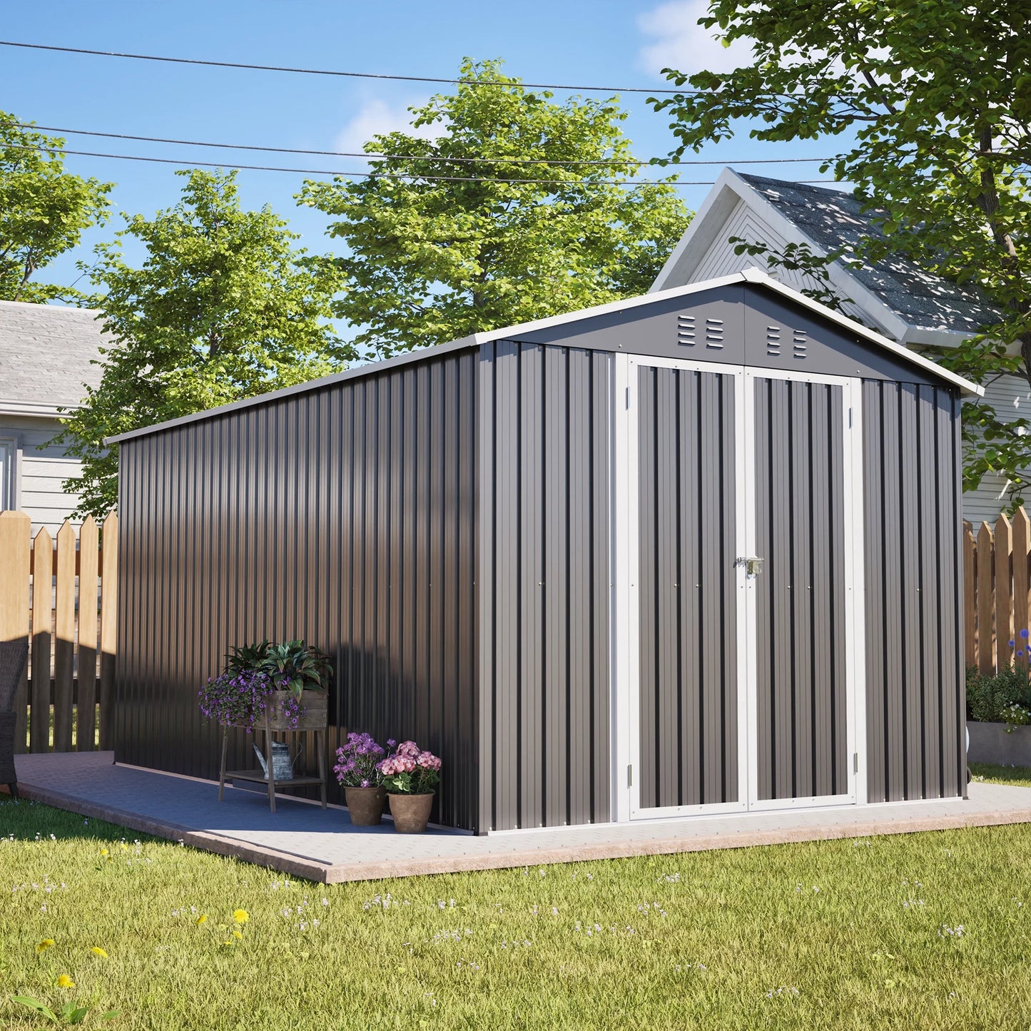 8'X12' Outdoor Metal Storage Shed with Floor Frame, Galvanized Steel Garden Shed, Metal Garden Tool Shed with Double Lockable Doors for Backyard Patio Lawn, Gray