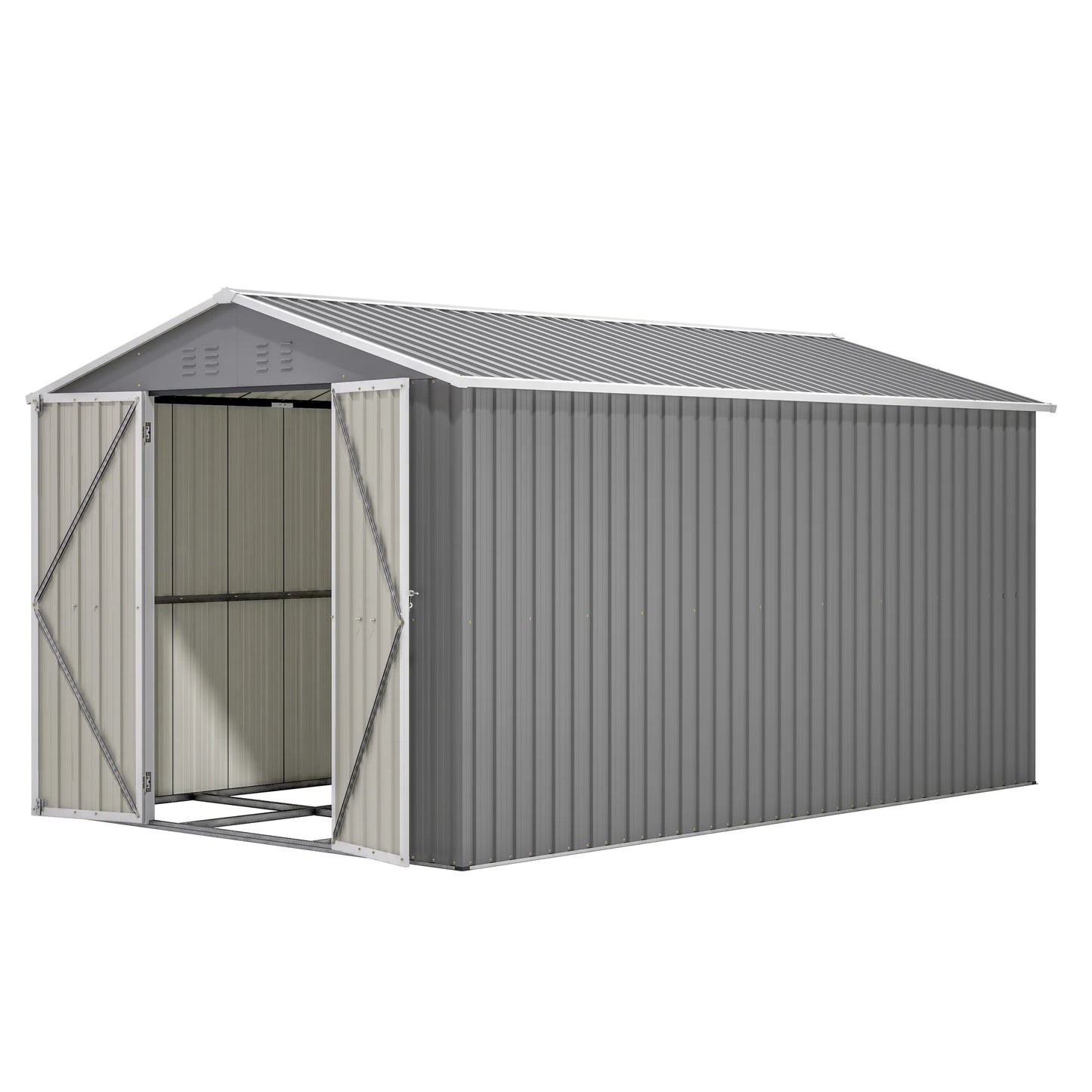 8'X12' Outdoor Metal Storage Shed with Floor Frame, Galvanized Steel Garden Shed, Metal Garden Tool Shed with Double Lockable Doors for Backyard Patio Lawn, Gray