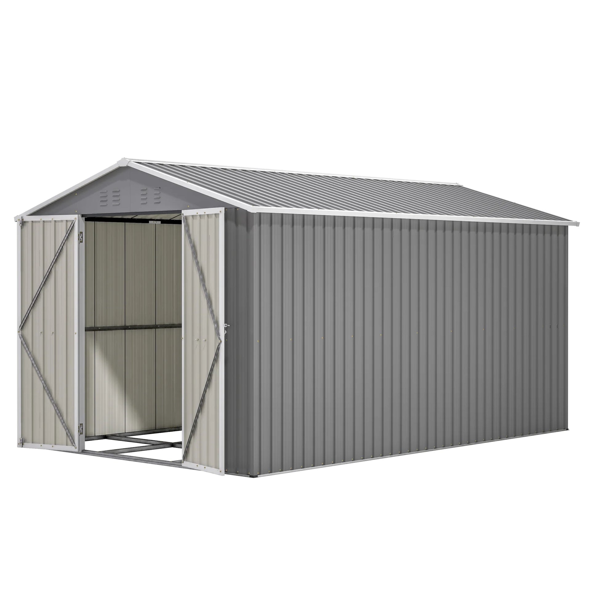 8'X12' Outdoor Metal Storage Shed with Floor Frame, Galvanized Steel Garden Shed, Metal Garden Tool Shed with Double Lockable Doors for Backyard Patio Lawn, Gray
