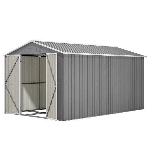 8'X12' Outdoor Metal Storage Shed with Floor Frame, Galvanized Steel Garden Shed, Metal Garden Tool Shed with Double Lockable Doors for Backyard Patio Lawn, Gray
