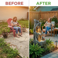 37 In. Outdoor Cascade Fountain Garden with LED Light, Built-In Electric Pump and Simple Setup in Gray — Before & After