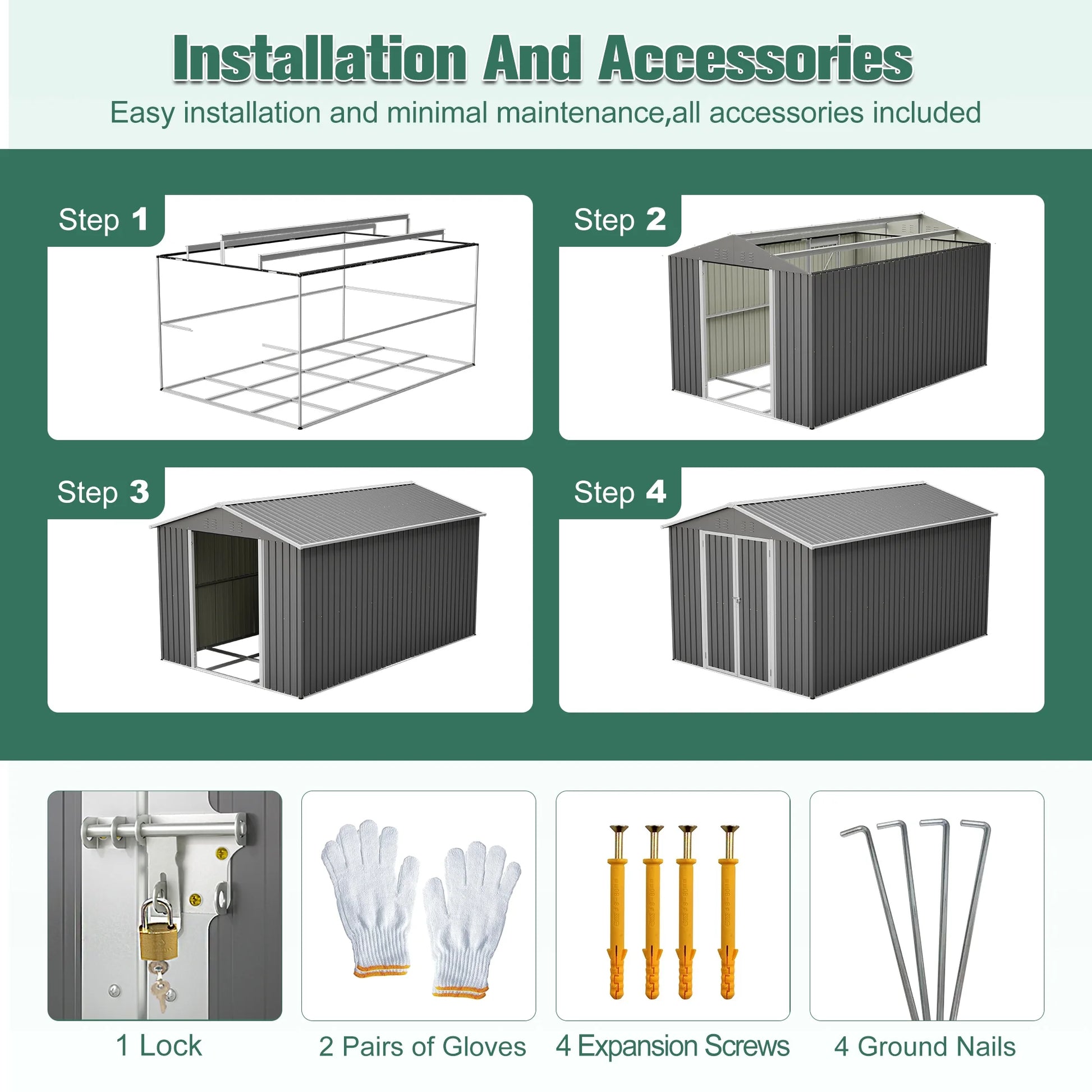 8'X12' Outdoor Metal Storage Shed with Floor Frame, Galvanized Steel Garden Shed, Metal Garden Tool Shed with Double Lockable Doors for Backyard Patio Lawn, Gray