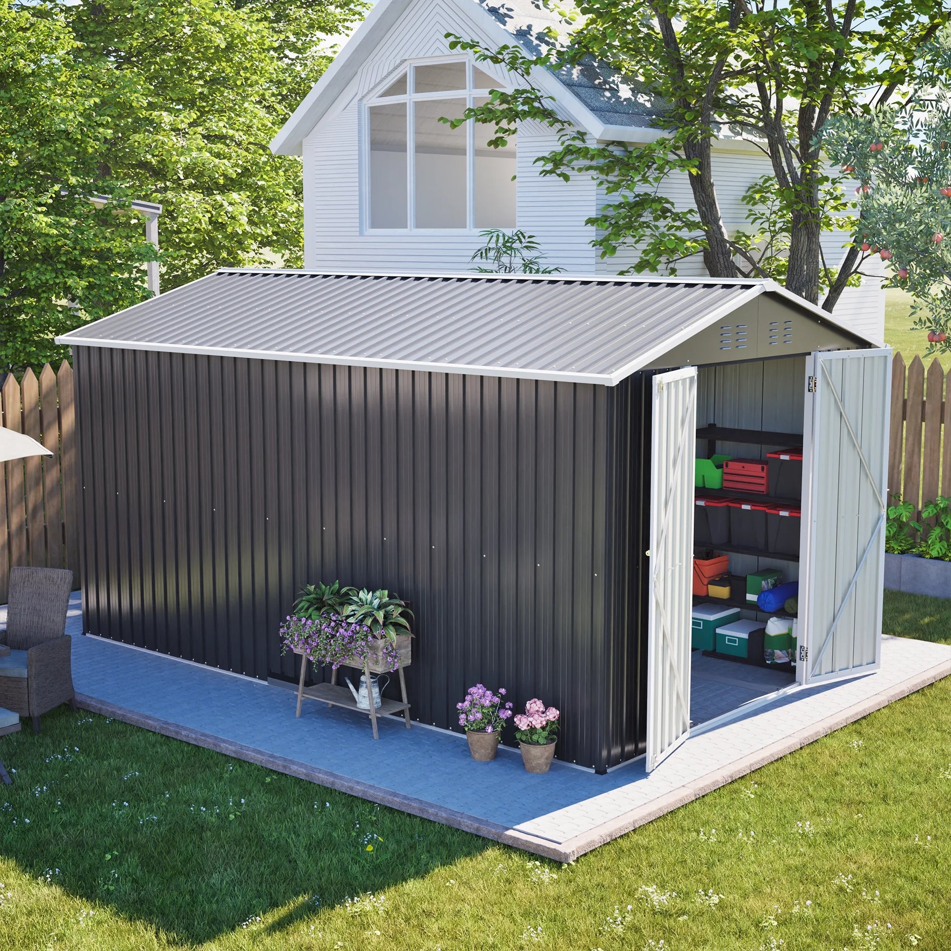 8'X12' Outdoor Metal Storage Shed with Floor Frame, Galvanized Steel Garden Shed, Metal Garden Tool Shed with Double Lockable Doors for Backyard Patio Lawn, Gray