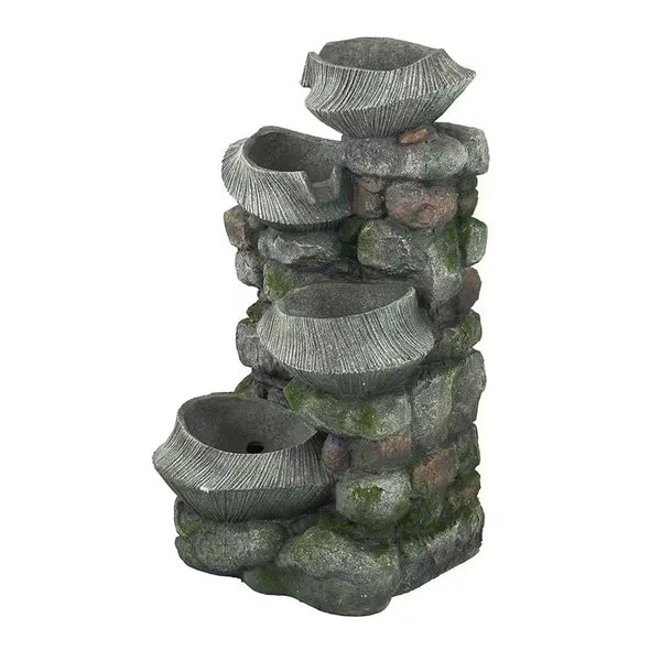 31.5 In. Tall Outdoor Stone Water Fountain, 4-Tier Polyresin Cascading Rock Bowl Freestanding Fountain with Light