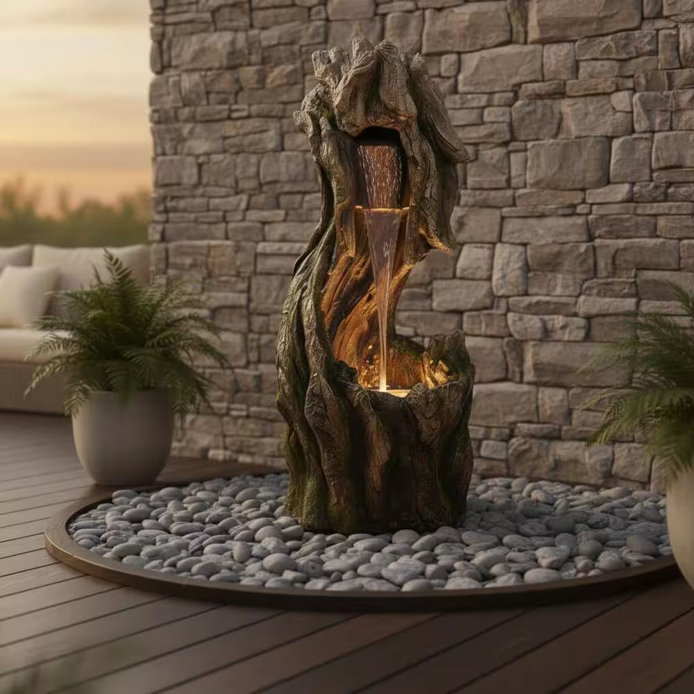 37 In. Outdoor Cascade Fountain Garden with LED Light, Built-In Electric Pump and Simple Setup in Gray