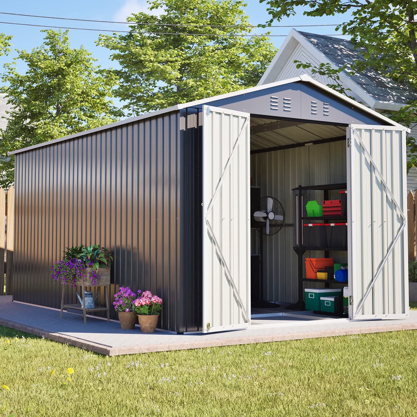 8'X12' Outdoor Metal Storage Shed with Floor Frame, Galvanized Steel Garden Shed, Metal Garden Tool Shed with Double Lockable Doors for Backyard Patio Lawn, Gray