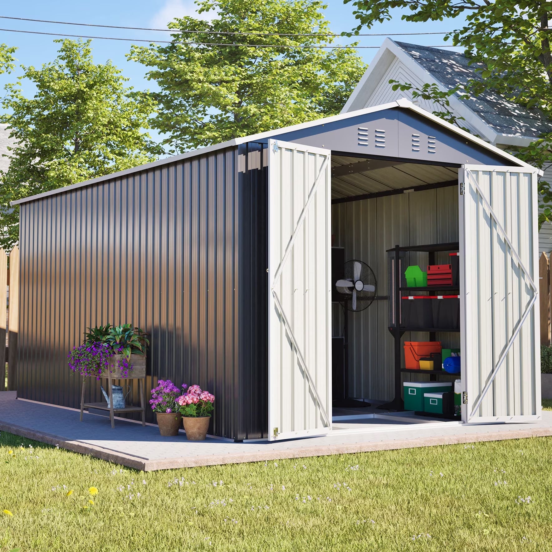 8'X12' Outdoor Metal Storage Shed with Floor Frame, Galvanized Steel Garden Shed, Metal Garden Tool Shed with Double Lockable Doors for Backyard Patio Lawn, Gray