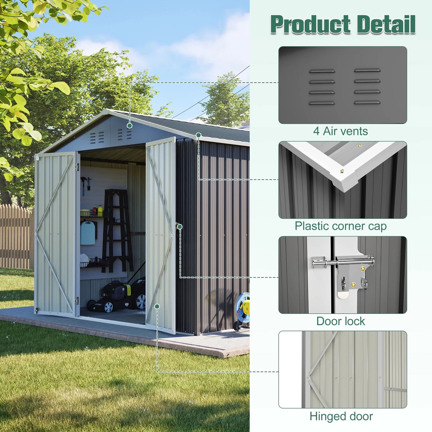 8'X12' Outdoor Metal Storage Shed with Floor Frame, Galvanized Steel Garden Shed, Metal Garden Tool Shed with Double Lockable Doors for Backyard Patio Lawn, Gray