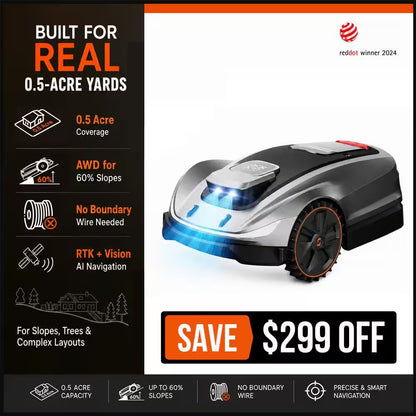 X5 AWD Wireless 8 In. Robot Lawn Mower for 0.5 Acre, No Boundary Wire, RTK plus Vision, AI Obstacle Avoidance