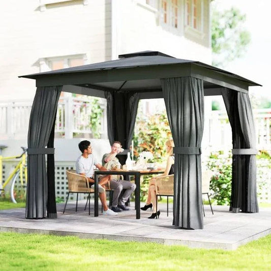 10x10 Steel Patio Gazebo with UPF30+ Roof, Curtains & Netting