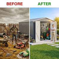 8'X12' Outdoor Metal Storage Shed with Floor Frame, Galvanized Steel Garden Shed, Metal Garden Tool Shed with Double Lockable Doors for Backyard Patio Lawn, Gray — Before & After
