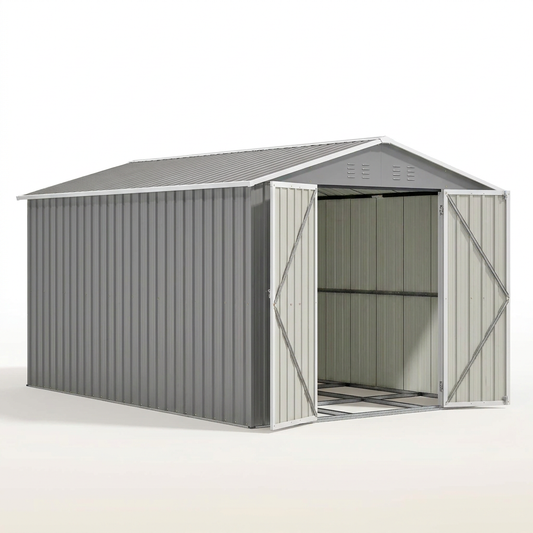 8'X12' Outdoor Metal Storage Shed with Floor Frame, Galvanized Steel Garden Shed, Metal Garden Tool Shed with Double Lockable Doors for Backyard Patio Lawn, Gray — Studio Shot