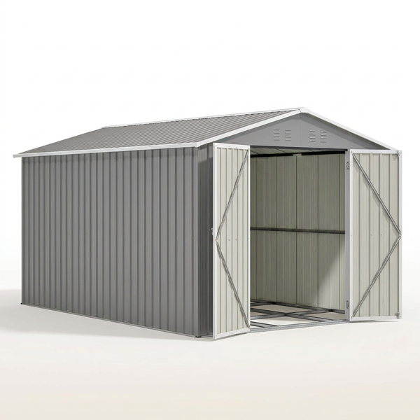 8'X12' Outdoor Metal Storage Shed with Floor Frame, Galvanized Steel Garden Shed, Metal Garden Tool Shed with Double Lockable Doors for Backyard Patio Lawn, Gray — Studio Shot