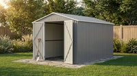 8'X12' Outdoor Metal Storage Shed with Floor Frame, Galvanized Steel Garden Shed, Metal Garden Tool Shed with Double Lockable Doors for Backyard Patio Lawn, Gray — Lifestyle
