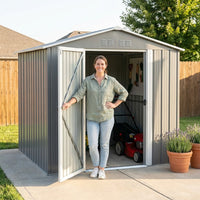 8'X12' Outdoor Metal Storage Shed with Floor Frame, Galvanized Steel Garden Shed, Metal Garden Tool Shed with Double Lockable Doors for Backyard Patio Lawn, Gray — Lifestyle