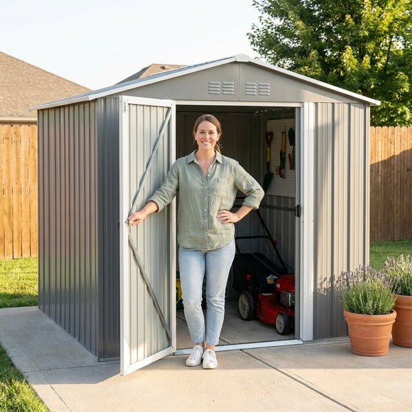 Outdoor Storage Shed Built for Year-Round Protection, Galvanized Steel Frame, Double Doors, Floor Included