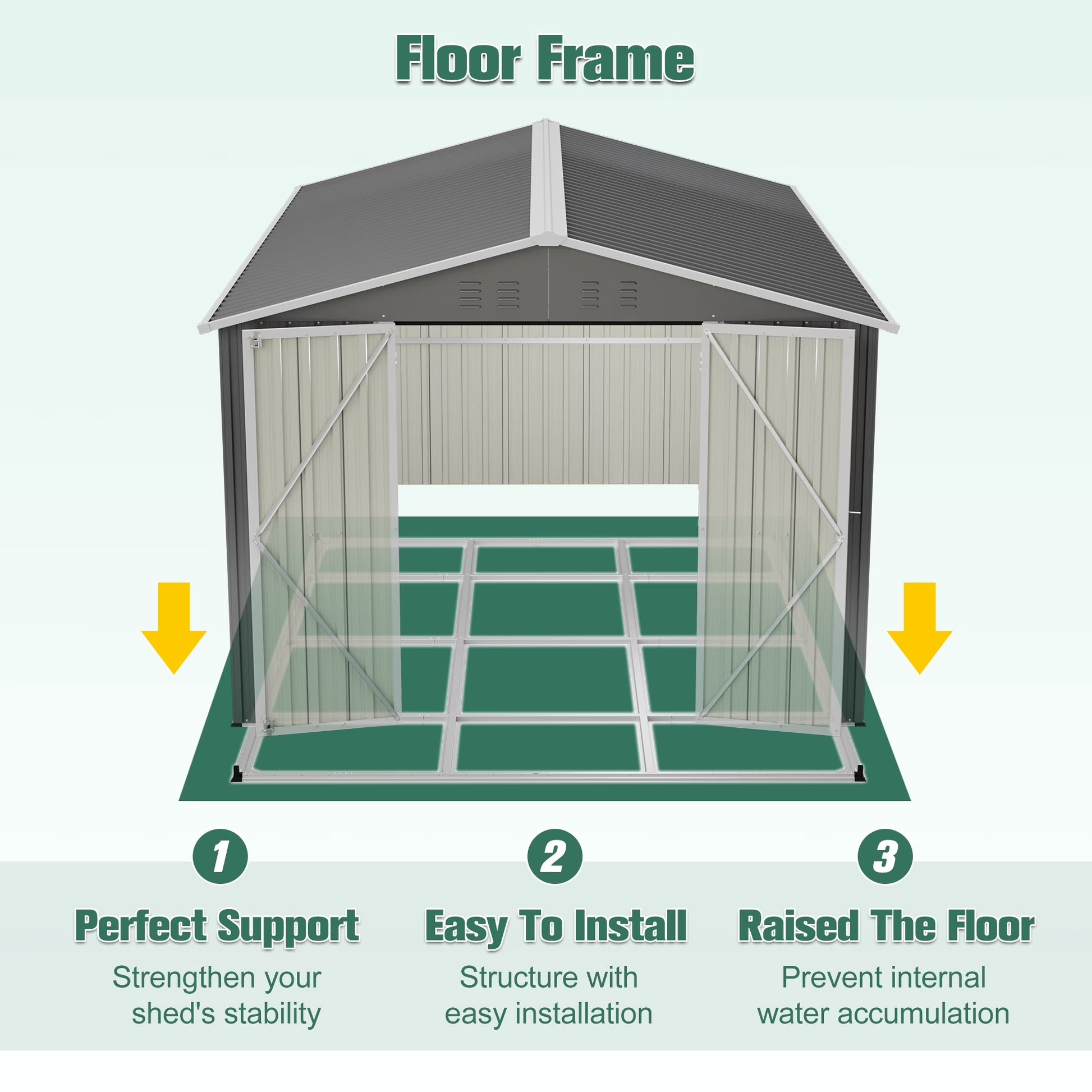 8'X12' Outdoor Metal Storage Shed with Floor Frame, Galvanized Steel Garden Shed, Metal Garden Tool Shed with Double Lockable Doors for Backyard Patio Lawn, Gray