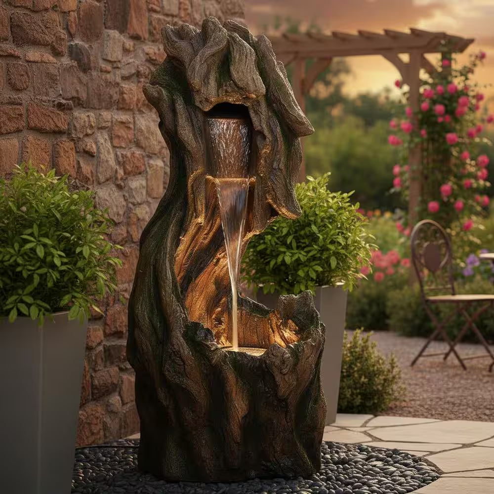 37 In. Outdoor Cascade Fountain Garden with LED Light, Built-In Electric Pump and Simple Setup in Gray