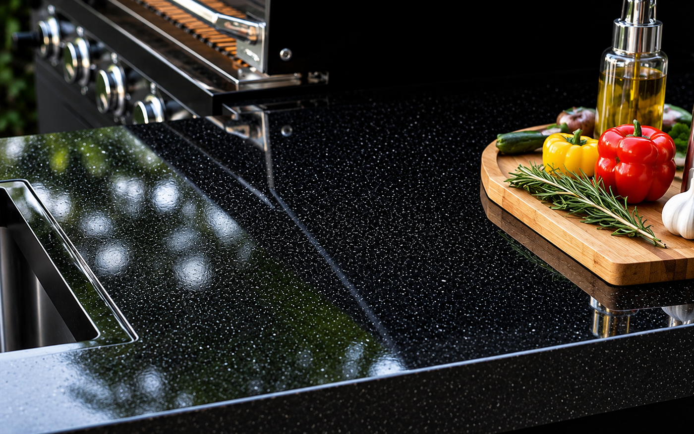 Close-up of granite prep surface and grill