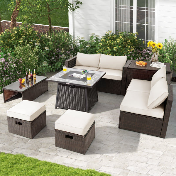9 Pieces Patio PE Wicker Sectional Set with 50000 BTU Fire Pit Table