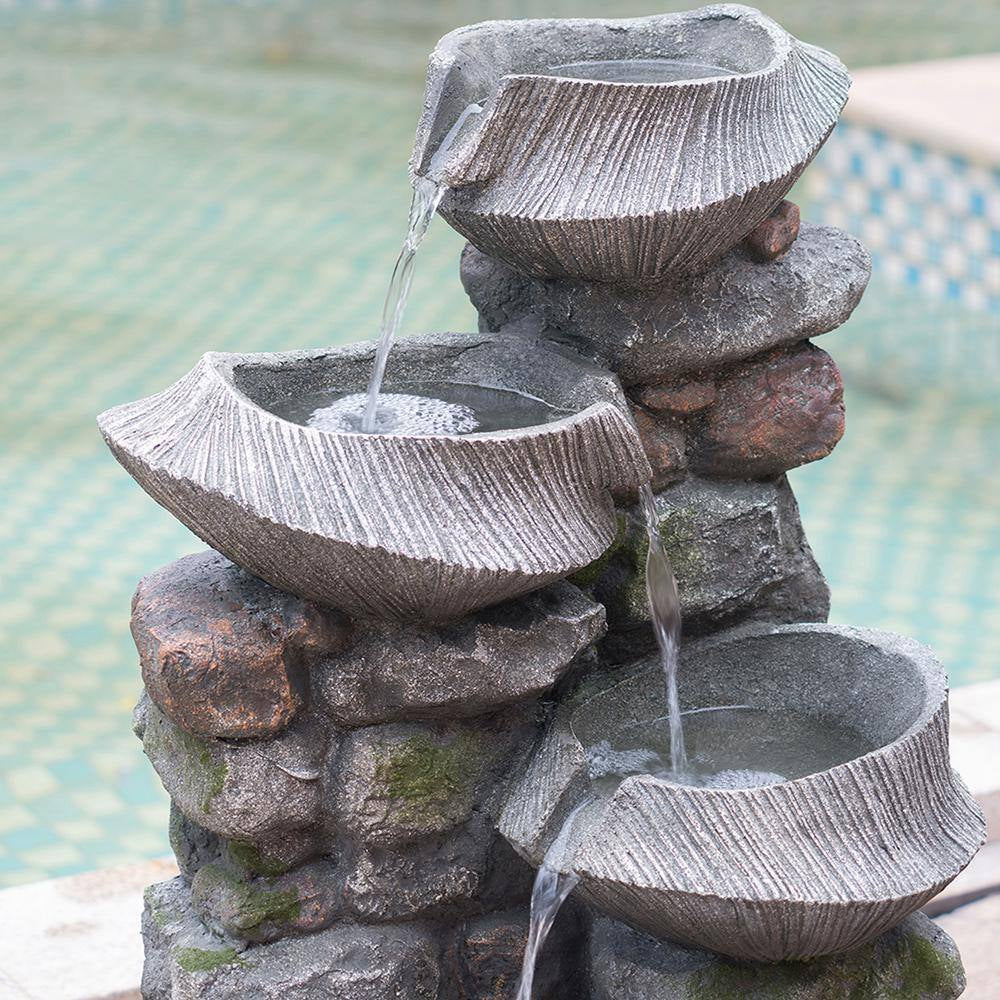 31.5 In. Tall Outdoor Stone Water Fountain, 4-Tier Polyresin Cascading Rock Bowl Freestanding Fountain with Light