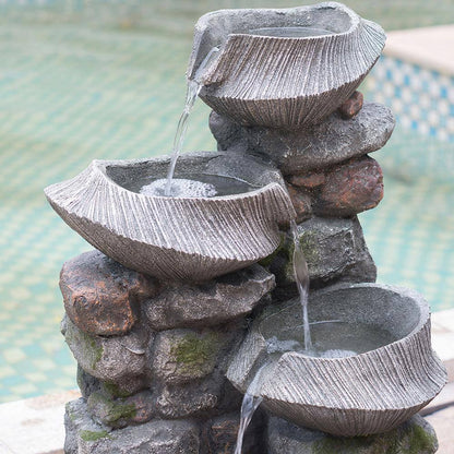 31.5 In. Tall Outdoor Stone Water Fountain, 4-Tier Polyresin Cascading Rock Bowl Freestanding Fountain with Light
