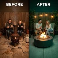 Brookhurst 43 In. W X 13 In. H round Outdoor GFRC Liquid Propane Fire Pit in Carbon with Lava Rocks — Before & After