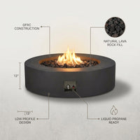 Brookhurst 43 In. W X 13 In. H round Outdoor GFRC Liquid Propane Fire Pit in Carbon with Lava Rocks — infographic