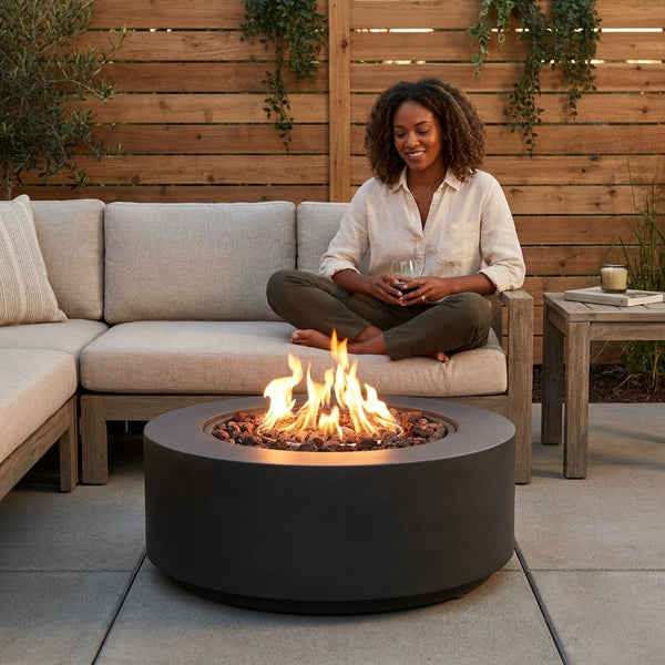 Propane Fire Pit Designed for Year-Round Outdoor Entertaining, GFRC Construction, 43-Inch Diameter, Lava Rocks