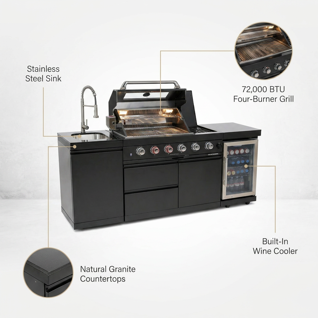 Outdoor Kitchen Island Built for Professional Cooking, 72000 BTU Grill, Wine Cooler, Granite Countertops — infographic