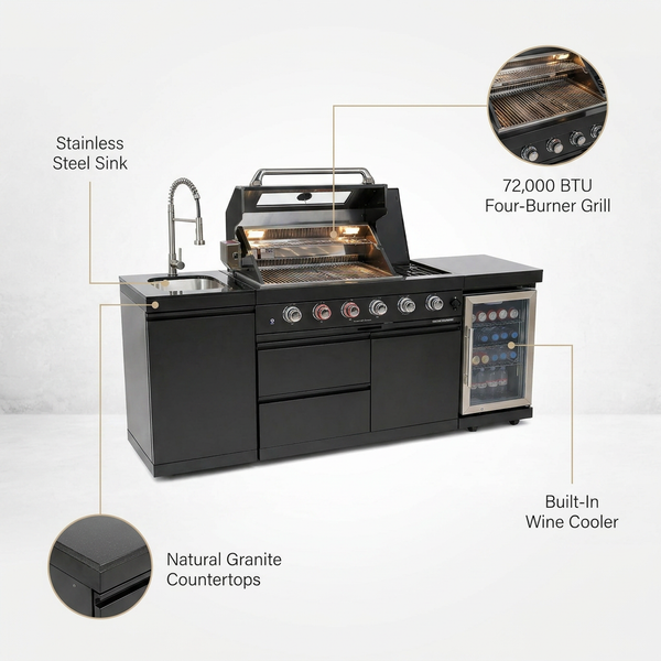 Outdoor Kitchen Island Built for Professional Cooking, 72000 BTU Grill, Wine Cooler, Granite Countertops — infographic