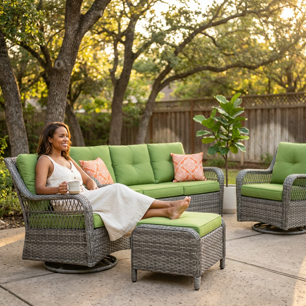 Outdoor Patio Furniture Set Built for All-Weather Comfort, 7-Person Seating, Swivel Rockers, Green Cushions