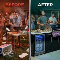 Premium 70" Black Stainless Steel Outdoor Kitchen Island with Refrigerator + 32"W 4-Burner BBQ Grill with Rear Burner — Before & After