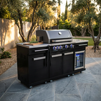 Premium 70" Black Stainless Steel Outdoor Kitchen Island with Refrigerator + 32"W 4-Burner BBQ Grill with Rear Burner — Studio Shot