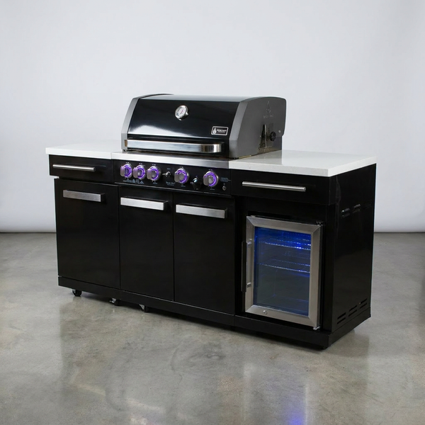Premium 70" Black Stainless Steel Outdoor Kitchen Island with Refrigerator + 32"W 4-Burner BBQ Grill with Rear Burner — Studio Shot