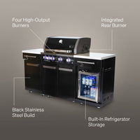 Premium 70" Black Stainless Steel Outdoor Kitchen Island with Refrigerator + 32"W 4-Burner BBQ Grill with Rear Burner — infographic