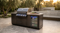 Premium 70" Black Stainless Steel Outdoor Kitchen Island with Refrigerator + 32"W 4-Burner BBQ Grill with Rear Burner — Lifestyle