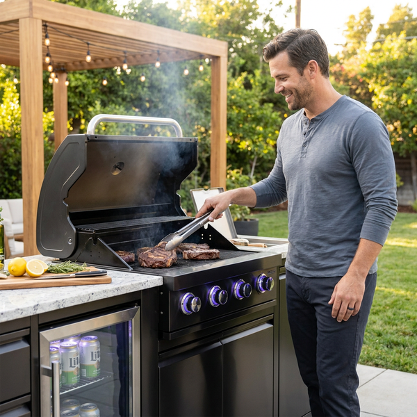 Outdoor Kitchen Island Built for Premium Backyard Cooking, 304 Stainless Steel, Granite Countertop, Built-in Fridge
