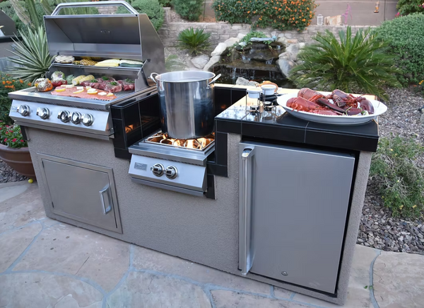 KoKoMo 7'6" Outdoor Kitchen Island Package | 4-Burner BBQ Grill, Power Burner & Refrigerator