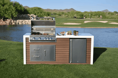Kokomo Shiplap Outdoor Kitchen Island – 7’6" with 4-Burner Grill, Waterfall Edge, Fridge & Porcelain Countertop | LP or NG