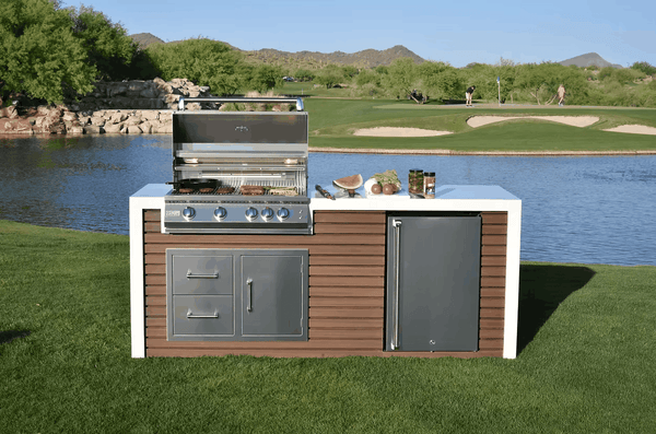 Kokomo Shiplap Outdoor Kitchen Island – 7’6" with 4-Burner Grill, Waterfall Edge, Fridge & Porcelain Countertop | LP or NG
