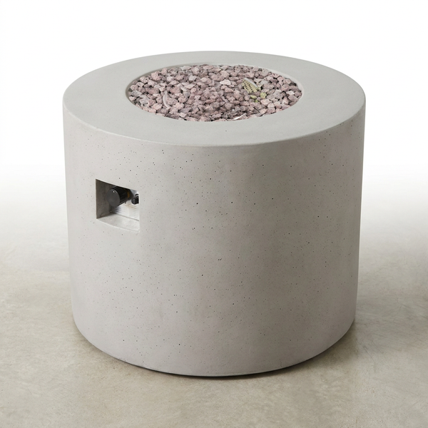 Zachary 31 In. X 24.5 In. Circular Concrete Propane Outdoor Patio Fire Pit in Light Gray — Studio Shot